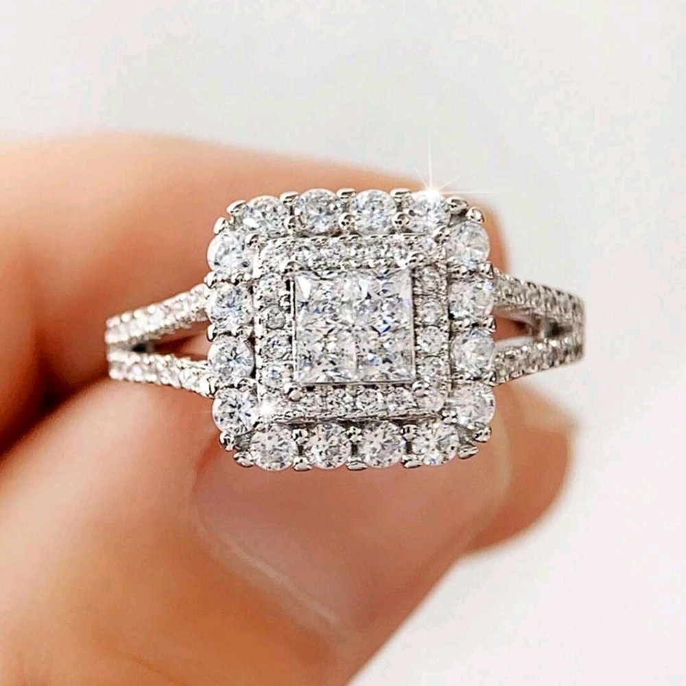Silver Cubic Zirconia Layered Square Engagement Wedding Ring Size 7 NEW
